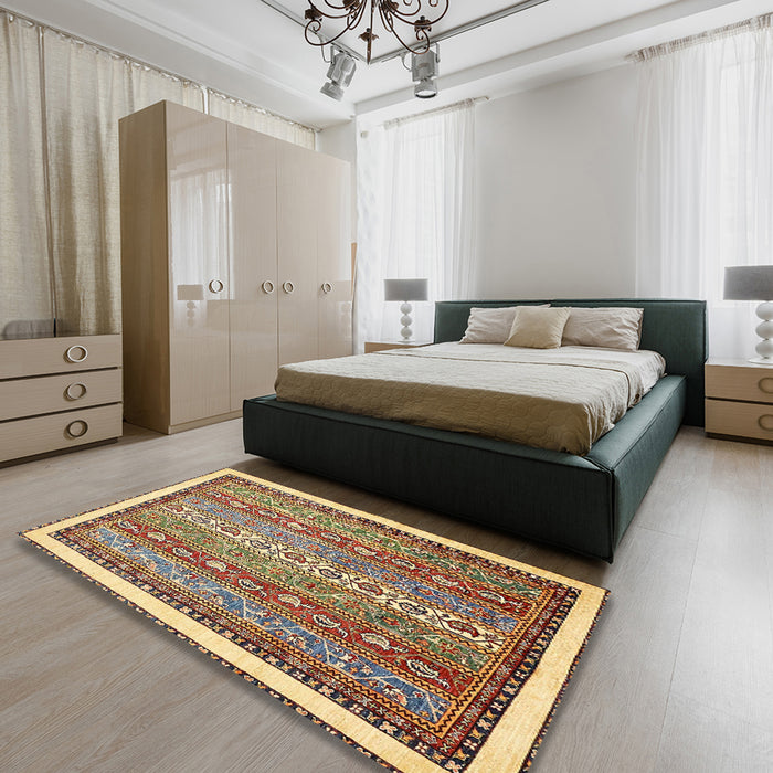 Abstract Red Brown Modern Rug in a Bedroom, abs541
