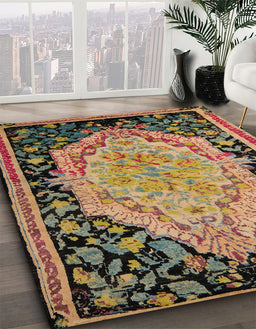 Abstract Red Brown Medallion Rug in Family Room, abs5421