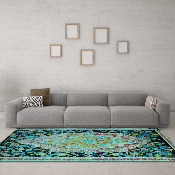 Machine Washable Medallion Light Blue French Rug in a Living Room, wshabs5421lblu