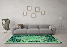 Machine Washable Medallion Turquoise French Area Rugs in a Living Room,, wshabs5421turq