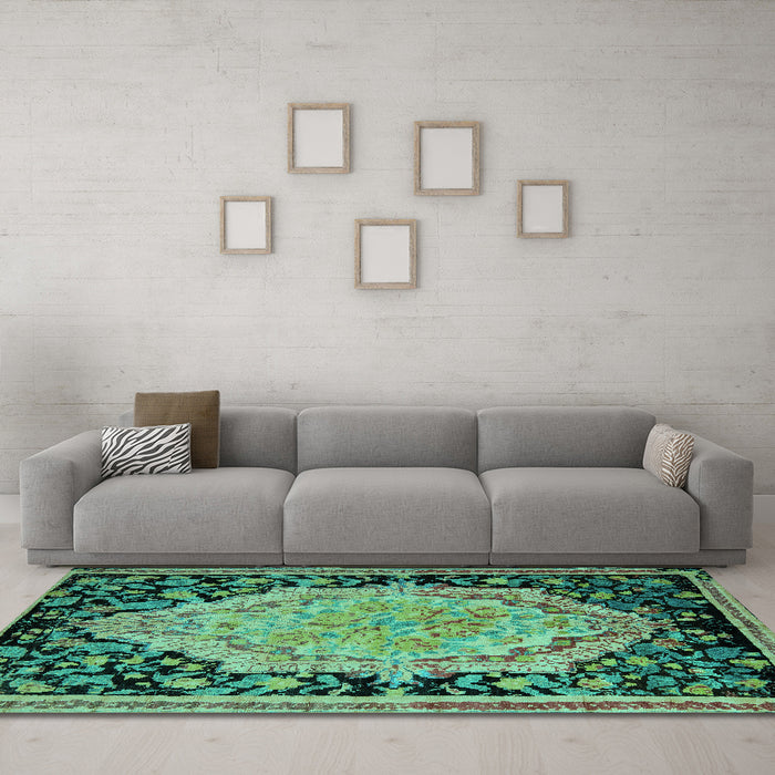 Machine Washable Medallion Turquoise French Area Rugs in a Living Room,, wshabs5421turq