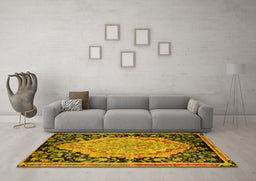 Machine Washable Medallion Yellow French Rug in a Living Room, wshabs5421yw