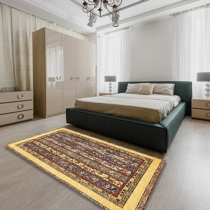 Abstract Red Brown Modern Rug in a Bedroom, abs544