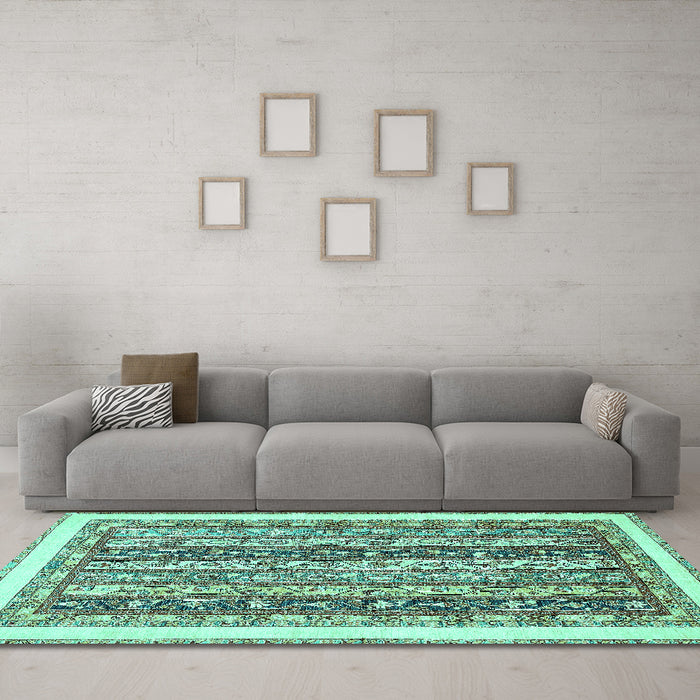 Machine Washable Abstract Turquoise Modern Area Rugs in a Living Room,, wshabs547turq