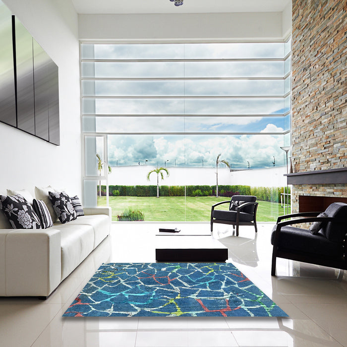 Square Abstract Blue Modern Rug in a Living Room, abs549