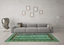 Machine Washable Southwestern Turquoise Country Area Rugs in a Living Room,, wshabs550turq