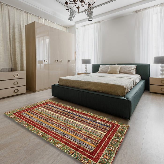 Abstract Saffron Red Southwestern Rug in a Bedroom, abs550