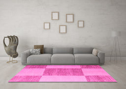 Machine Washable Checkered Pink Modern Rug in a Living Room, wshabs5547pnk