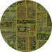 Round Machine Washable Patchwork Green Transitional Area Rugs, wshabs5596grn