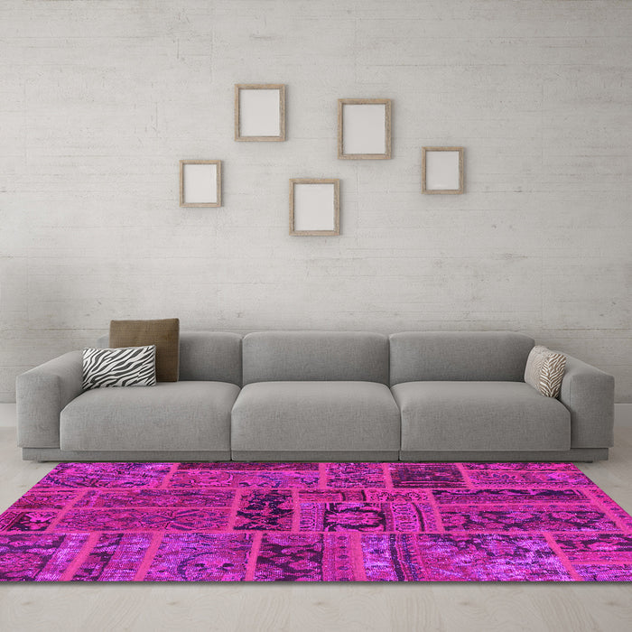 Machine Washable Patchwork Pink Transitional Rug in a Living Room, wshabs5596pnk