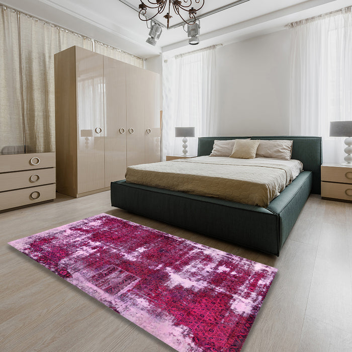 Machine Washable Abstract Deep Mauve Purple Rug in a Bedroom, wshabs5597