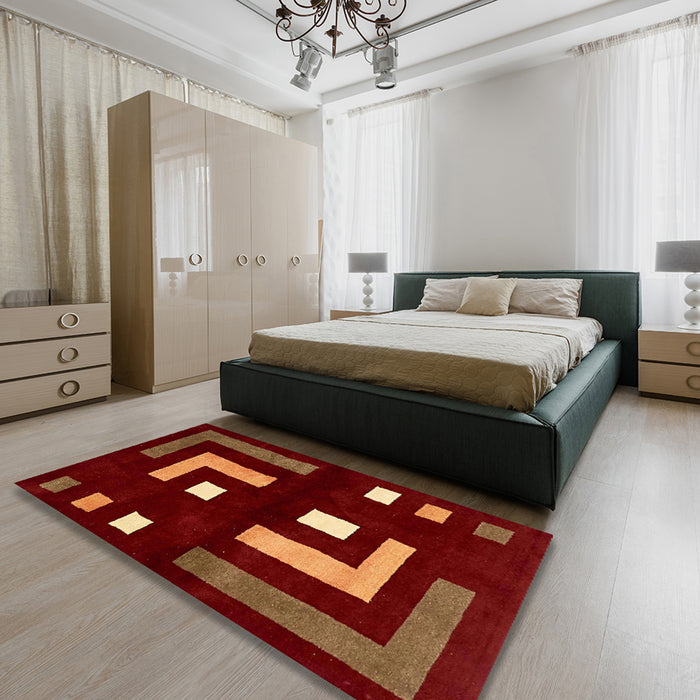 Abstract Chocolate Brown Modern Rug in a Bedroom, abs5599