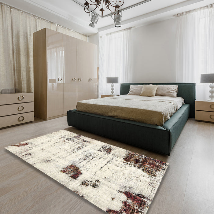 Machine Washable Abstract Blanched Almond Beige Rug in a Bedroom, wshabs5604