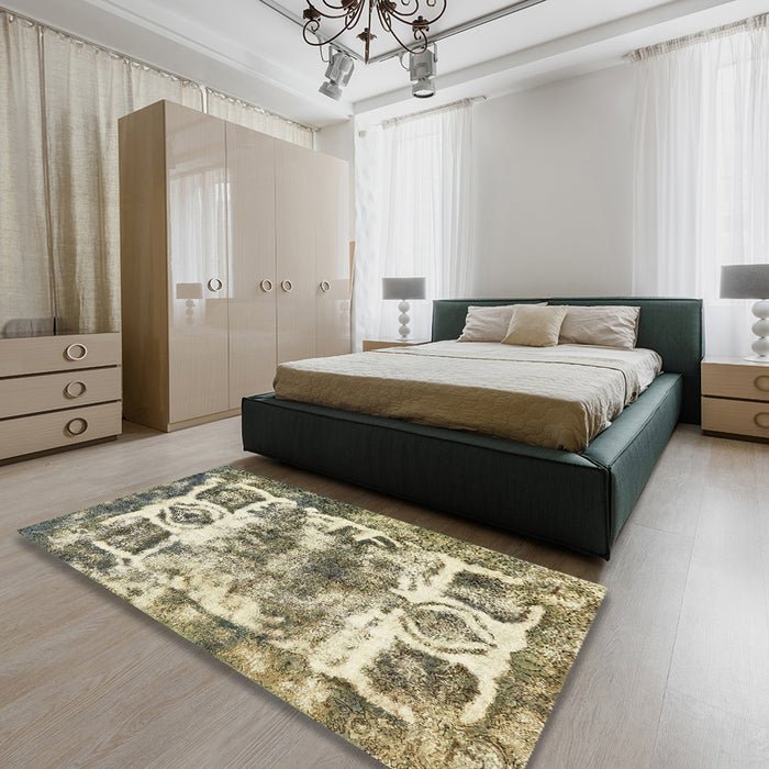 Abstract Dark Green Modern Rug in a Bedroom, abs560