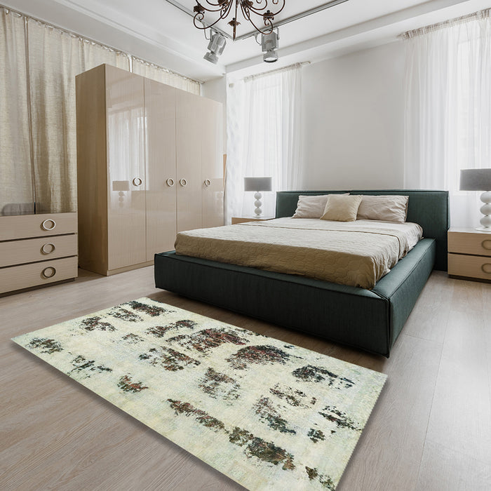 Abstract Tan Brown Gold Modern Rug in a Bedroom, abs5611