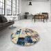 Round Machine Washable Abstract Ash Gray Rug in a Office, wshabs5614