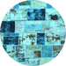 Round Machine Washable Patchwork Light Blue Transitional Rug, wshabs5614lblu