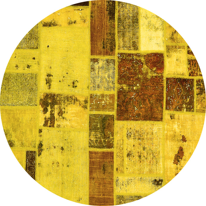 Round Machine Washable Patchwork Yellow Transitional Rug, wshabs5615yw