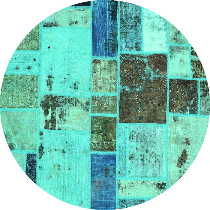 Round Machine Washable Patchwork Turquoise Transitional Area Rugs, wshabs5615turq