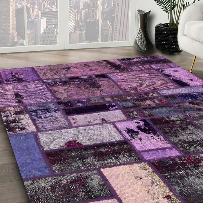 Abstract Plum Purple Patchwork Rug in Family Room, abs5616