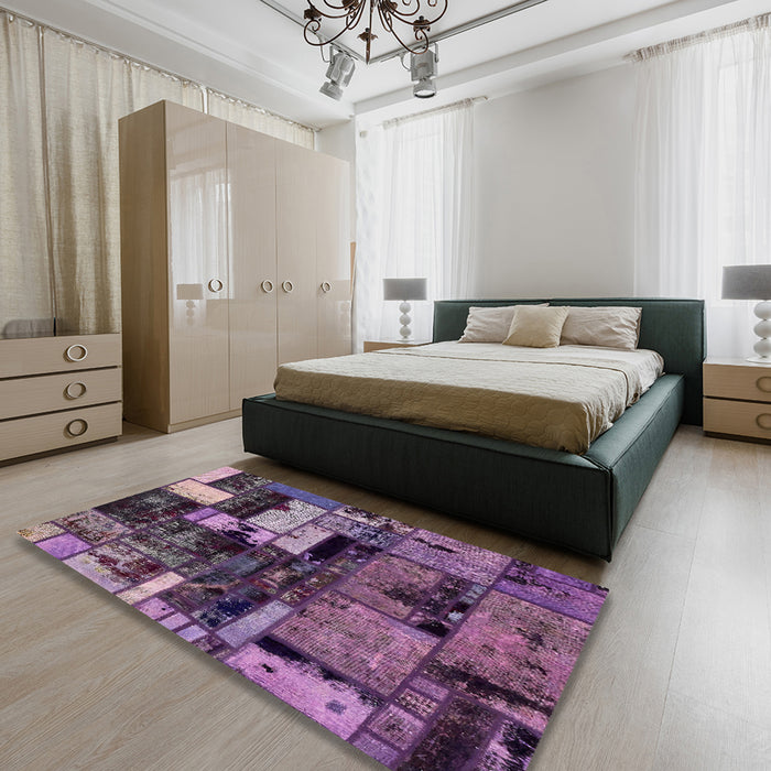 Abstract Plum Purple Patchwork Rug in a Bedroom, abs5616