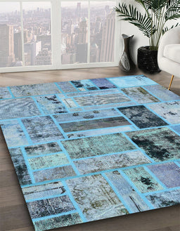 Abstract Sky Blue Patchwork Rug in Family Room, abs5617
