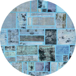 Round Abstract Sky Blue Patchwork Rug, abs5617