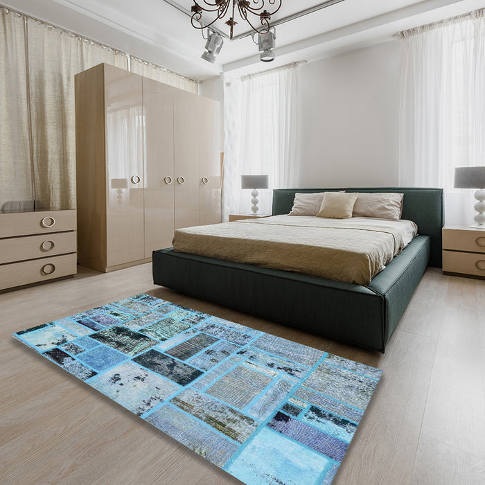 Abstract Sky Blue Patchwork Rug in a Bedroom, abs5617