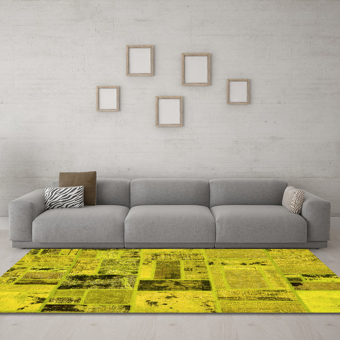 Machine Washable Patchwork Yellow Transitional Rug in a Living Room, wshabs5617yw