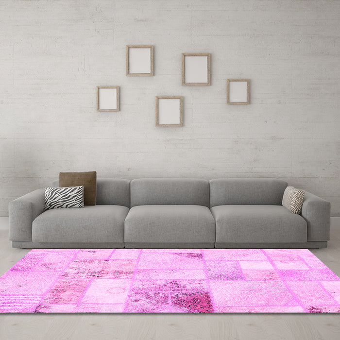 Machine Washable Patchwork Pink Transitional Rug in a Living Room, wshabs5620pnk