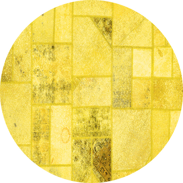 Round Machine Washable Patchwork Yellow Transitional Rug, wshabs5620yw