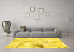 Machine Washable Patchwork Yellow Transitional Rug in a Living Room, wshabs5620yw