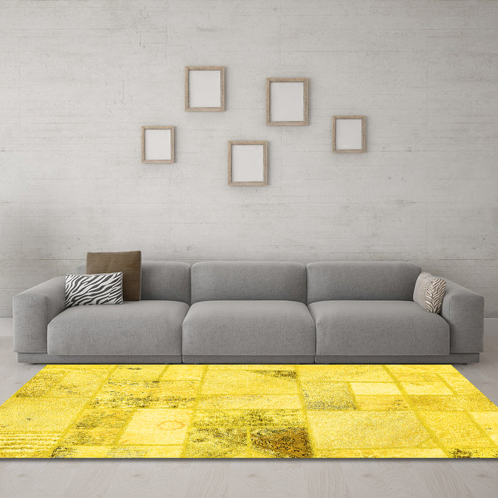 Machine Washable Patchwork Yellow Transitional Rug in a Living Room, wshabs5620yw