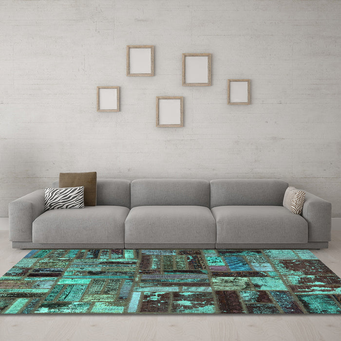 Machine Washable Patchwork Turquoise Transitional Area Rugs in a Living Room,, wshabs5621turq
