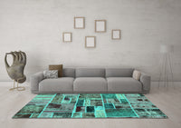 Machine Washable Patchwork Turquoise Transitional Rug, wshabs5622turq