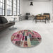 Round Abstract Brown Red Patchwork Rug in a Office, abs5622