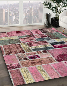 Abstract Brown Red Patchwork Rug in Family Room, abs5622