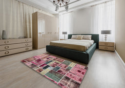 Abstract Brown Red Patchwork Rug in a Bedroom, abs5622