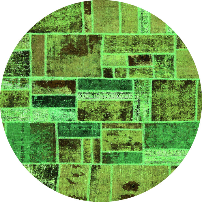 Round Machine Washable Patchwork Green Transitional Area Rugs, wshabs5622grn
