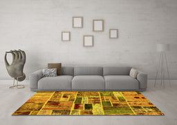 Machine Washable Patchwork Yellow Transitional Rug in a Living Room, wshabs5622yw