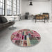 Round Machine Washable Abstract Brown Red Rug in a Office, wshabs5622