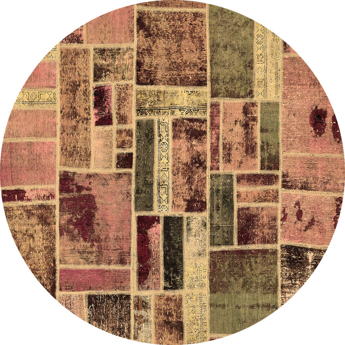 Round Machine Washable Patchwork Brown Transitional Rug, wshabs5622brn