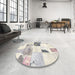 Round Machine Washable Abstract Champagne Beige Rug in a Office, wshabs5623