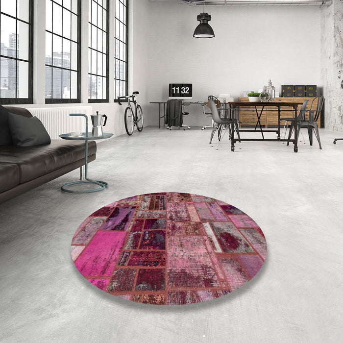 Round Abstract Purple Pink Patchwork Rug in a Office, abs5624