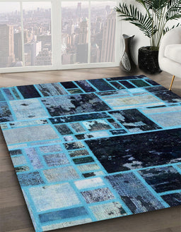 Abstract Deep-Sea Blue Patchwork Rug in Family Room, abs5625