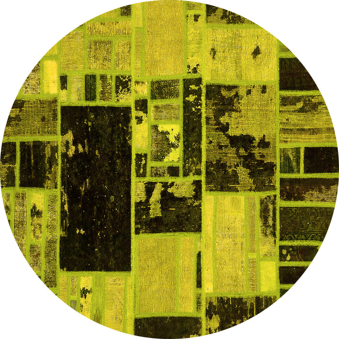 Round Machine Washable Patchwork Yellow Transitional Rug, wshabs5625yw