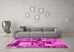 Machine Washable Patchwork Pink Transitional Rug in a Living Room, wshabs5626pnk
