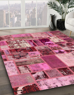Abstract Bright Maroon Red Patchwork Rug in Family Room, abs5626