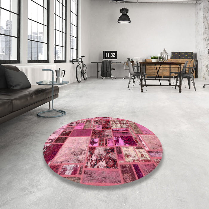 Round Abstract Bright Maroon Red Patchwork Rug in a Office, abs5626