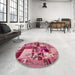 Round Abstract Bright Maroon Red Patchwork Rug in a Office, abs5626